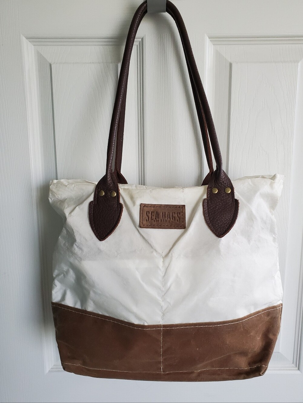 Sea Bags Of Maine Chebeague Handbag Recycled Sailcloth Leather Handles Top Zip